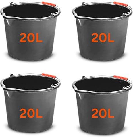 MYPURECORE Set of 4 Large 20L (5.2 Gallon) Black Plastic Buckets with Handles - Sturdy Multipurpose Containers with Measuring Scale - Ideal for Builders, Car Washes, Bathroom, Home & Garden. (4)