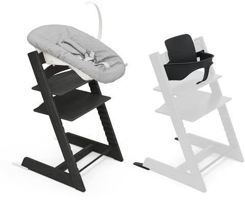 Trona Tripp Trapp de Stokke, Oak Black/Black (Incluye Silla + Baby Set 2) con Newborn Set - Diseño Seguro, Ajustable y Ergonómico