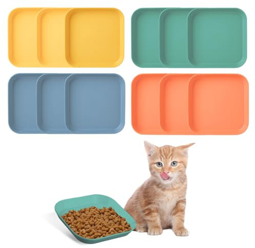 CHENYU Lot de 12 gamelles plates et carrées pour chat - 4 couleurs - Plusieurs possibilités d'utilisation - Convient pour l'eau de nourriture pour chats et chiens (14,5 x 14,5 x 2 cm)