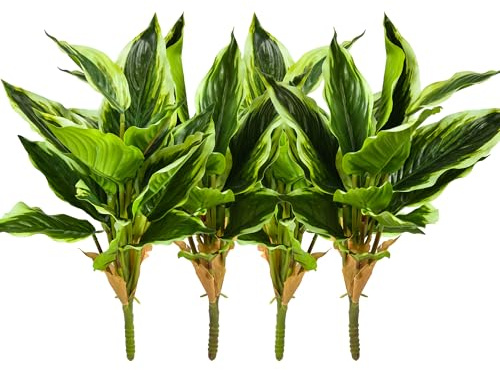 Shirfloral 4Packs Variegated Hosta Artificial Plant 17.7 Faux Green Dieffenbachia Plant Greenery Aesthetic House Plants Outdoor Shrubs Indoor Office Yard UV Resistant Planter Filler (4)