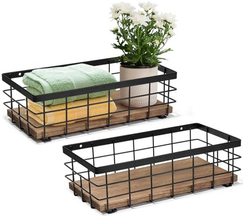 THYGIFTREE 2-Pack kleine Metallkorb, dekorative Holz Base Organizer für Bad, Küche, Korb für Toilettenpapier Lagerung, Zucker-Paket, Kaffeesirup, Gast Handtuch, Serviette