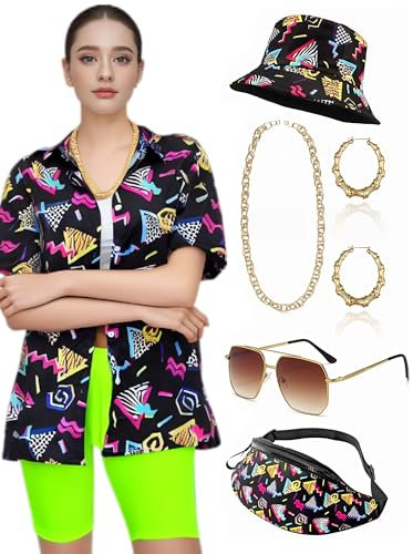 Ginkago Déguisement Annee 80 Annee 90 Femme avec Chemise Hawaienne Leggings Chapeaux de Pêcheur Boucles d'oreilles Colliers Sacs Banane pour Carnavals et Fêtes (Noir, L)