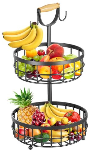 Piashow Frutero con 2 niveles, frutero grande con 2 ganchos y asas, acero inoxidable para guardar frutas, bandeja para servir buffets, aperitivos, verduras, postres, 53 x 28 x 28 cm