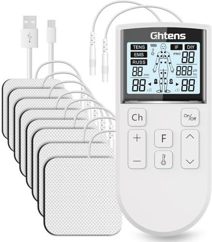 GHTENS TENS Gerät Schmerztherapie, 5-in-1 Reizstromgerät (TENS/EMS/IF/RUSS/DIY) zur Schmerzlinderung durch elektrische Nervenstimulation, mit 80 Massageprogrammen, 2 Kanäle und 8 Stück Elektroden Pad