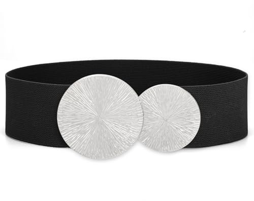 JASGOOD Ceinture Élastique Large Femme Grande Taille pour Robe Ceinture Rétro Tendance Extensible avec Double Boucle Ronde,Noir(Argenté),Taille 91-100 cm(Longueur 90 cm)