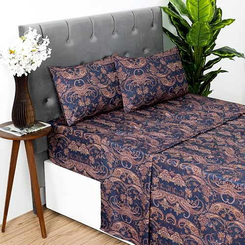 Dreamology Sheets Queen Size Bed Set, 4 Pieces Microfiber Sheet,Printed Sheet Set with Solid Cuffed Detail,Includes 1 Flat Sheet,1 Deep Pocket Fitted Sheet and 2 Pillowcases,Queen Bed sheets (Paisely)