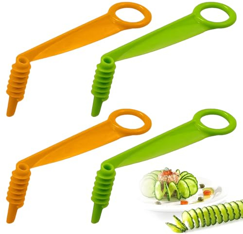 KEWUF 4 Piezas Cortador de Verduras en Espiral, Cortador de Verduras de Rizo, Cortador de Patatas en Espiral, Espirilizador, para Zanahoria, Calabacín, Pepino, Manzana, Patata (Verde, Naranja)