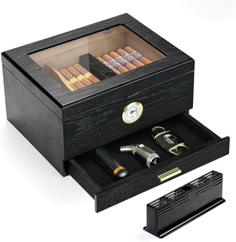 Slege Humidor per sigari, Scatola Humidor per sigaris cubani, Cassetto portaoggetti Humidors, Umidificatore, Divisore, Igrometro, Regalo per uomo, Accessori per sigari (10-50 sigari) Italiano Manuale