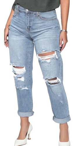 SheKiss Distressed Mom Stretchy Trendy Denim Blue Jeans High Waisted Boyfriend Jeans for Women