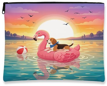 Funny Beagle Dog Makeup Bag, Flamingos Lifebuoys Sea Cosmetic Travel Pouch for Women Girls, Portable Small Canvas Zipper Organizer, Pet Toiletry Bag 7x9 Inch