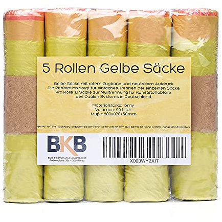 5 bis 500 Rollen Gelber Sack, Gelbe Säcke 90 Liter, 15µ (5 Rollen)