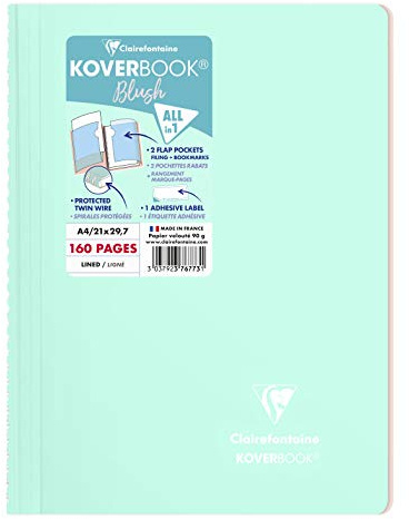 Clairefontaine 376773C - One Spiral Notebook Koverbook Blush Water Mint - A4 21x29,7 cm - 160 Lined Pages - White Paper 90 g - Polypro Wraparound Cover