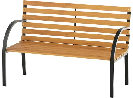 Outsunny Banco de Jardín de Madera de 2 Plazas 122x60x83 cm con Respaldo y Apoyabrazos Listones y Marco de Acero Carga 220 kg Color Natural y Negro