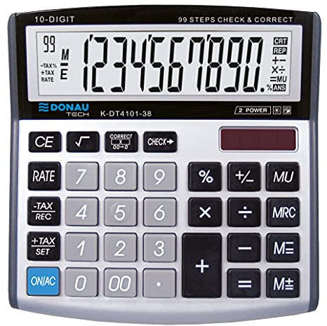 DONAU TECH Bordsräknare/10-siffrig rotfunktion/13,6 x 13,4 x 2,8 cm/silver/räknare med 10-siffrig display/Dual-Power Solar – batteridrift, kompakt design