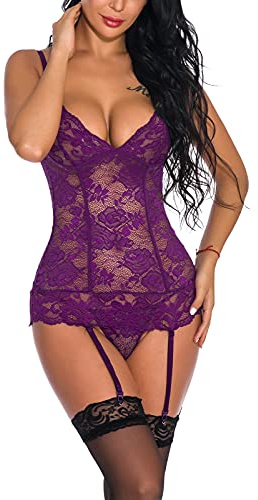 marysgift Sexy Lingerie for Women Sets Lace Bodysuit with Thigh Cuffs Underwear Babydolls Lingerie Sets for Women UK 65% Cotton 35% Polyester Purple Purple XL UK 12 14
