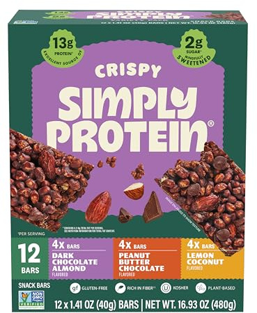 Simply Protein - Crispy Vegan Protein Bars Variety Pack, 3 Flavors - Plant Based, Protein Snacks - 13g Protein, 2g Sugar, 7g Fiber - Gluten Free, Non GMO, Kosher - 12 Bars