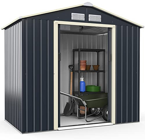 TANGZON 7x3.6FT/7x4FT/8x4FT Metal Garden Shed, Galvanized Roof Tool Storage House with Lockable Doors & 2/4 Vents, Outdoor All-Weather Bike Shed (7x4FT, 4 Vents)