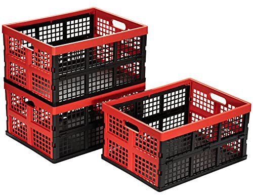 Eslite 34L Large Plastic Folding Storage Crates,Collapsible Crates for Storage,Pack of 3 (Black+Red)
