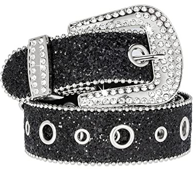 Korhleoh Ceinture en strass pour femme homme, ceinture en cuir avec clous Cowgirl Cowboy pour pantalon jean (pour taille 74-103cm), Noir - Sequins (3,8 cm), 110 cm per girovita 74-103 cm