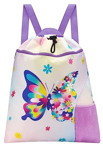 WAWSAM Schmetterling Turnbeutel mit Kordelzug - Sportbeutel für Mädchen und Kinder Wasserdichte Schwimmen Strand Gymsack Rucksack Geburtstags mit Tasche für Wasserflasche