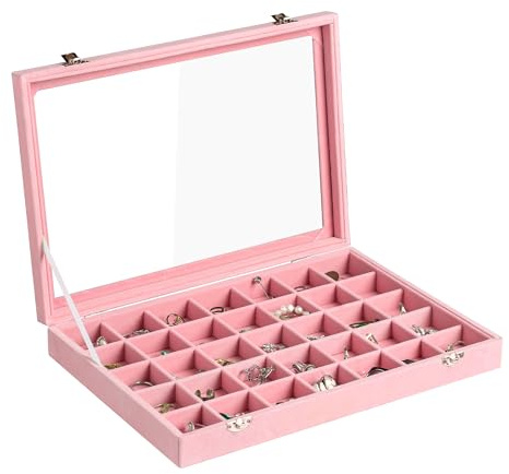 Frebeauty Bandeja de joyería de terciopelo, organizador de joyas de 35 rejillas con tapa transparente, estuche organizador de aretes con cierre, inserto de cajón para anillos, 13.8 x 9.5 x 2 pulgadas,