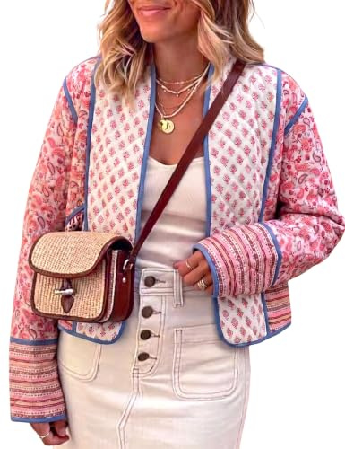 Omoone Women's Cropped Floral Quilted Jacket Cardigan Printed Lightweight Open Front Padded Puffer Coat, Pink, M
