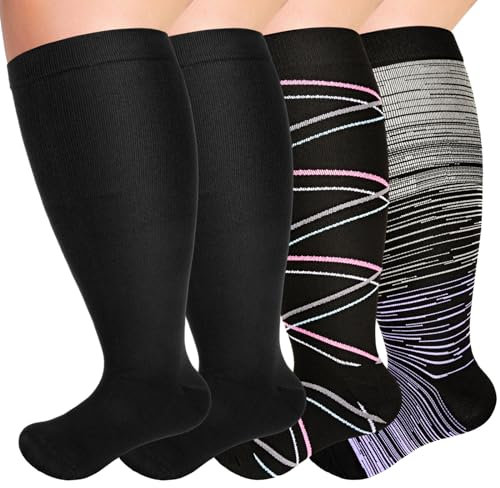 NEWIROVE 4Pares Medias Compresion Tallas Grandes Calcetines Compresión Deporte 4XL Calcetín Compresión Varices Calcetines Enfermera Compresion Mujer Hombre Para Embarazo Viajes Vuelo, Estilo-Rayas