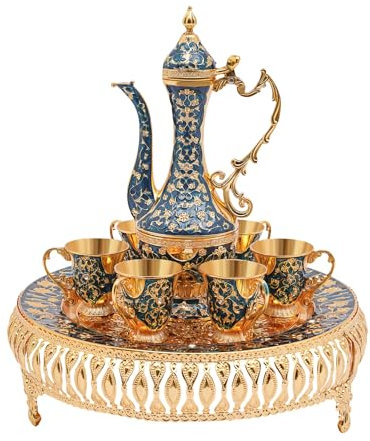 fennnds Vintage Türkische Kaffeekanne Set aus Metall Türkisches Vintage-Kaffeekanne und Tassen-Set Türkische Teekanne mit 6 Teegläser und Tablett Vintage Kaffeetasse Set für Home Tea Party (Blau)