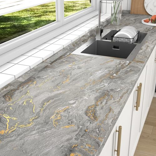 HotDecor Vinilo Marmol Gris y Dorado Papel Pintado Autoadhesivo Pared Vinilo para Encimera De Cocina Papel Pintado Cocina Papel Vinilo Adhesivo Muebles Papel Tapiz Autoadhesivo Gris Mate 60cm x 300cm