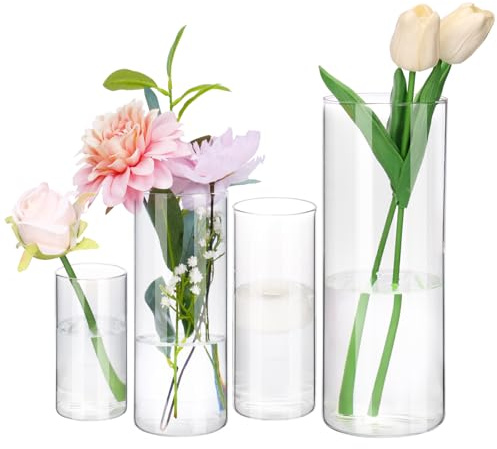 Fixwal 4pcs Clear Glass Cylinder Vases, 4, 6, 8, 10 Inch Tall Cylinder Vases for Centerpieces, Glass Flower Vase Floating Candle Holder Vase for Table Shelf, Party, Wedding, Home Decor