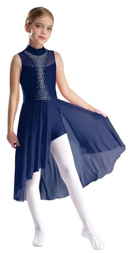 iEFiEL Abito Pattinaggio Artistico Bambina Vestito da Ballo Body da Danza Classica Moderna Leotard Balletto con Chiffon Gonna Orlo Irregolare Dancewear Blu Scuro 9-10 Anni