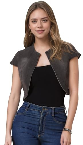 Allegra K Chaqueta de Mezclilla Corta para Mujer Ajustada con Mangas Casquillo