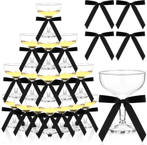 LIUBUJINGYING 50 Sets Plastic Champagne Coupe Glasses 5oz Acrylic Margarita Martini Glasses with Satin Ribbon Black Bow Disposable Cocktail Glasswares Bulk for Birthday Wedding Bar Champagne Tower