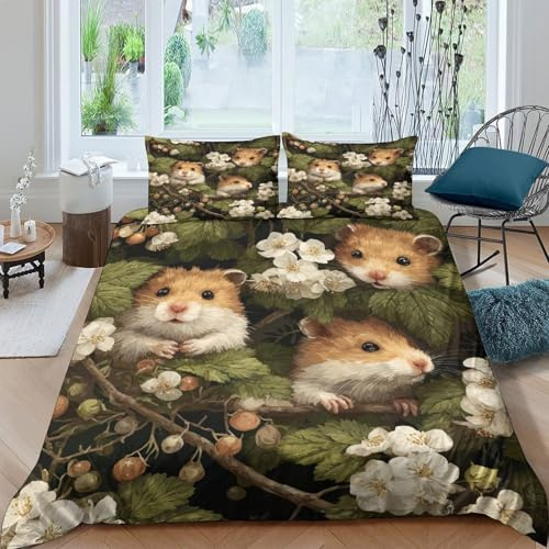 kaiyun Cute Hamster Printed Bedding Set Microfibre Duvet Cover Set 3d Gooseberry Bushes White Flowers Theme Comforter Cover 3 Pieces for Kids Teens Adults King（220x240cm）