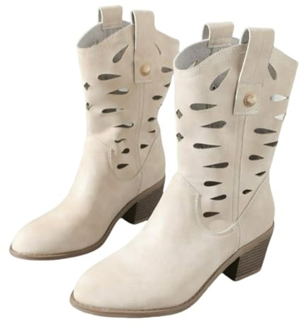 Stivali da Cowboy in Pelle Scamosciata Stivaletti Scavati Tradizionali da Donna Scarpe Slip-on con Tacco Largo Stivali Corti Medievali retrò Stivali Western di Media Altezza(37 EU)