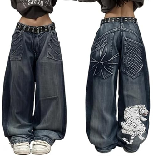 Cargo jeans kvinnor säckiga, damer stretchjeans, mode tryckta denimbyxor, casual Y2K goth street tunna byxor baggy vintage vida ben byxa med fickor retro tvättade utsvängda byxor