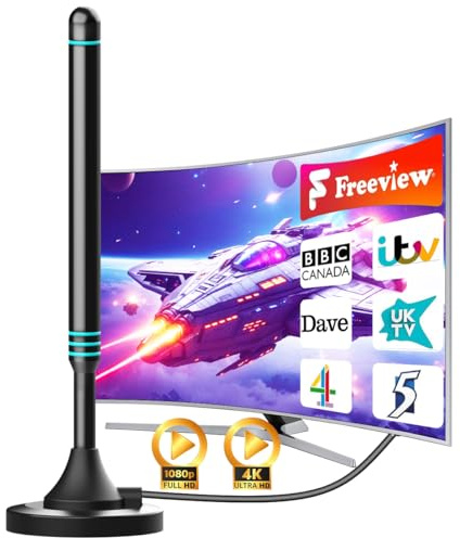 Indoor TV Aerial for Freeview HD – Digital Freeview TV Aerial with 360° Long Range Reception, Magnetic Base, Strong UHF/VHF Signal, 4K/1080P Support, 5m Coaxial Cable, Easy Setup