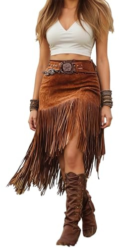 Gefomuofe Jupe à franges pour femme - En daim - Courte - Avec pompon - Danse du ventre - Jupe de festival - Carnaval - Jupe de loisirs - Jupe enveloppante, café, XXL