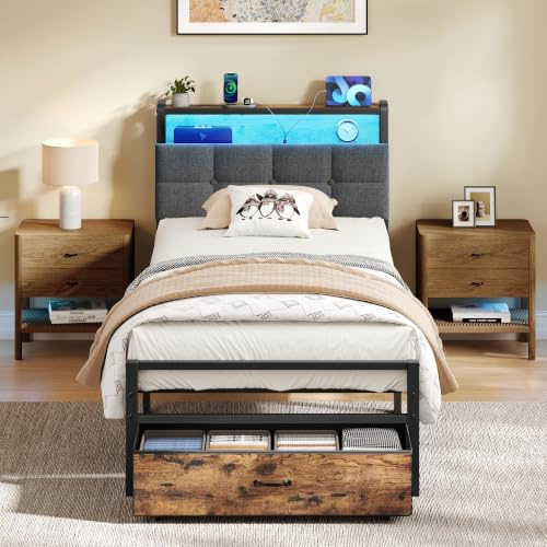 VASAGLE Single Bed Frame 90.5 x 208.9 cm with Storage Drawer, LED Lights