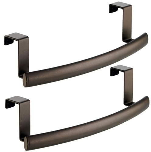 mDesign Steel Over Door Curved Towel Bar Storage, Hanger for Cabinet or Cupboard, Holder Rack for Kitchen, Bathroom - Holds Hand/Dish Towels, Washcloths - Spira Collection - 2 Pack - Bronze