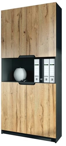 Vladon Büroschrank Logan V2, Made in Germany, Aktenschrank mit 5 Fächern und 4 Türen, Schwarz matt/Eiche Natur (82 x 184 x 37 cm)