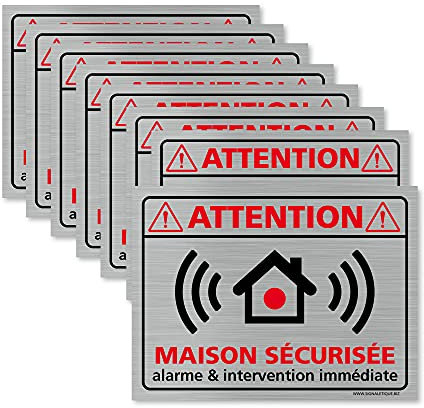 Adhésif (lot de 8) - Planche de 8 Adhésifs Attention Maison Sécurisée - Aspect aluminium brossé - Dimensions 80 x 60 mm - Protection Anti UV