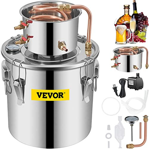VEVOR Destilador de Alcohol de Agua 11,4 L Kit de Destilación con Bomba de Circulación, Tubo de Cobre para Alambique de Alcohol con Termómetro Incorporado para Whisky, Alcohol DIY, Acero Inoxidable