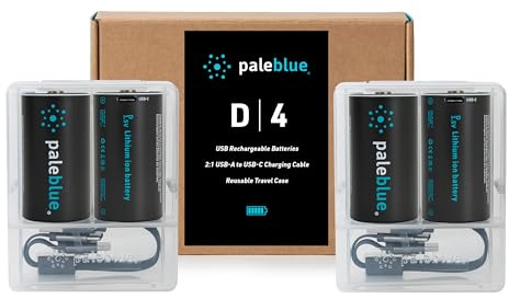 Rechargeable D Batteries with USB Charger by Pale Blue, Lithium Ion 1.5v 5000 mAh, Charges Under 6.9 Hours, Over 1000 Cycles, 2-in-1 USB to USB-C Charging Cable, LED Charge Indicator, 4-Pack