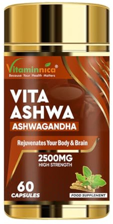Vitaminnica Ashwagandha Capsules 2500mg (5:1 Extract with with 10% Withanolides)- 100% Pure Withania Somnifera Root Extract – Natural Stress Relief, Energy & Stamina Booster – 60 Veg Capsules