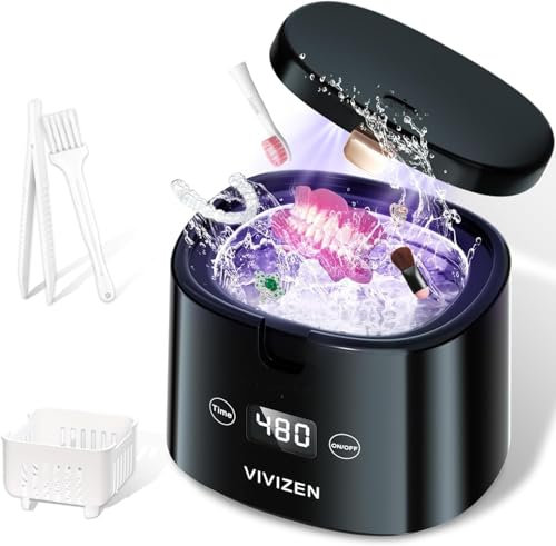 VIVIZEN Pulitore Ultrasuoni per Bite Dentale 45kHz/30W, Ultrasuoni Macchina di Pulizia Dentale Sonica per Dentiere, Allineatori,Apparecchi,Paradenti,Gioielli,Portatile 30W/45kHz(Nero)