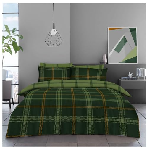 Lions 4 Piece Checked Bedding – King Size Duvet Cover Set with 1x Fitted Sheet and Matching 2x Pillowcase, Soft Poly Cotton Check Green Bed Linen, Reversible Quilt Covers Sets