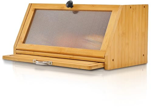 YOUDENOVA Bread Box with Cutting Board, Bamboo Storage Box, Wood Bread Basket Boxes Storage Bread Box for Bread, Salt and Pepper Mill, 39x25x20 (LxWxH) cm, Natural