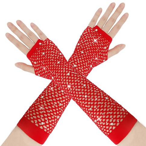 fIkxtvee Netzhandschuhe,Fingerlose Handschuhe,Handschuhe Ohne Finger,Fingerlose Handschuhe Damen,Scene Clothes,Halloween Gloves,Rhinestone Fishnet Long Gloves,Fishnet Glänzende Rot,Fishnet Gloves Red