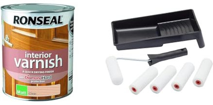 Ronseal Interior Varnish Matt Clear 750ml & Fit for The Job 7 pc Foam Mini Paint Roller Set for Painting with Gloss & Satin, Small Roller